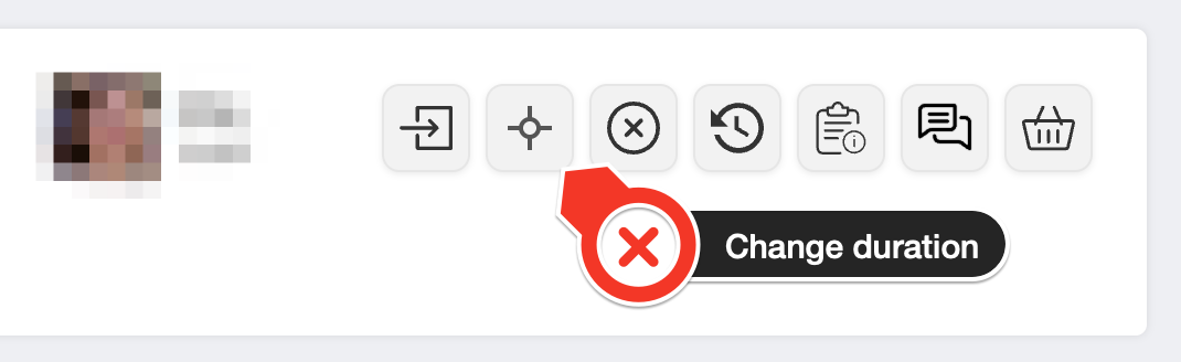 Lesson card showing the six action icons — the crosshair button (2nd from left) opens the change-duration screen